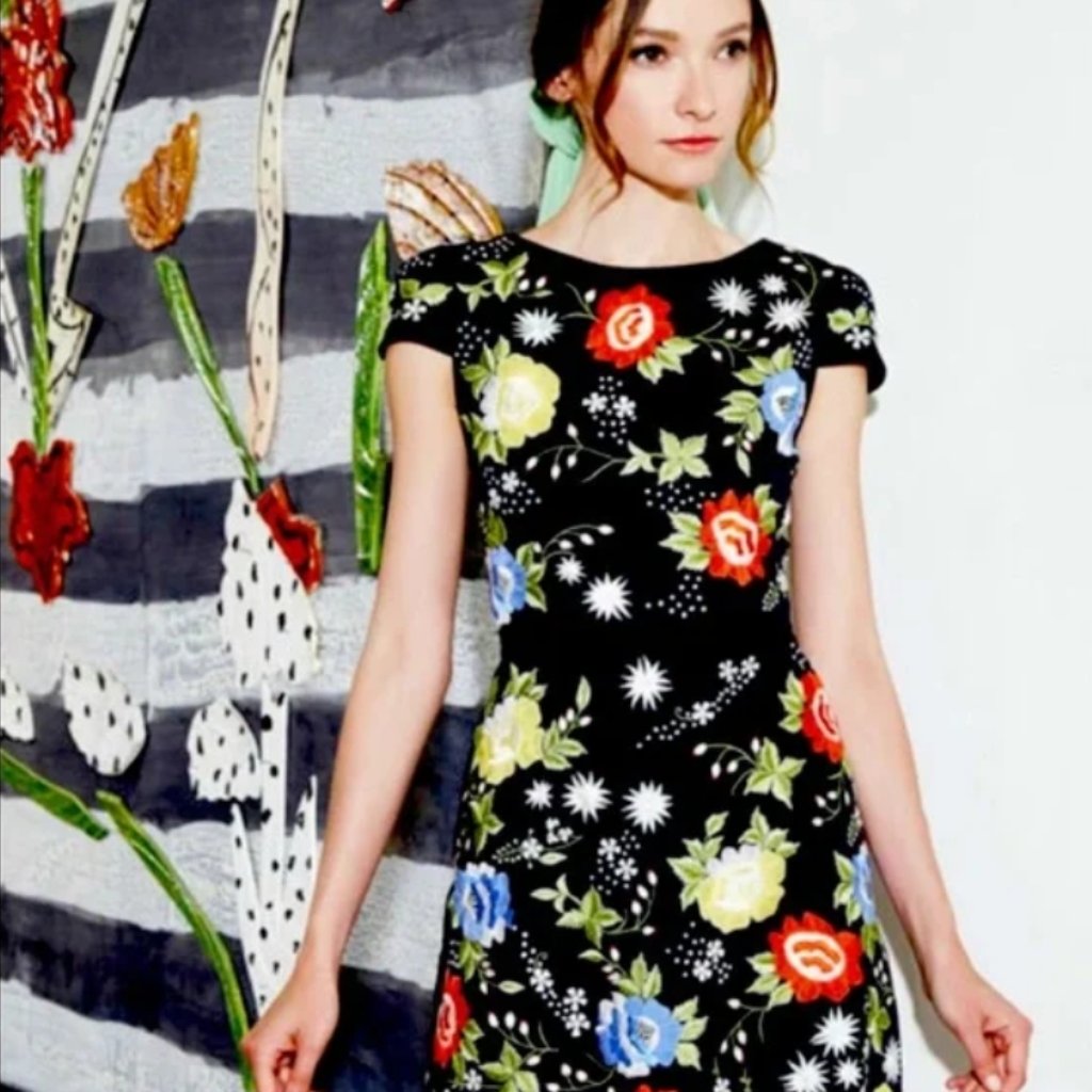 Alice + Olivia Ellen Black Floral Embroidered A-Line Cotton Mini Dress $540